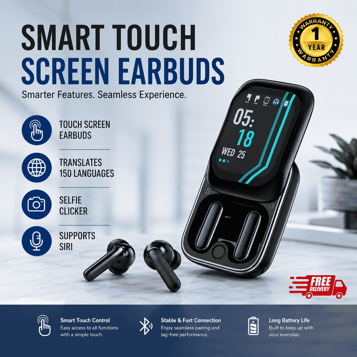 Touch Screen Earbuds with Remote Control & Translator
