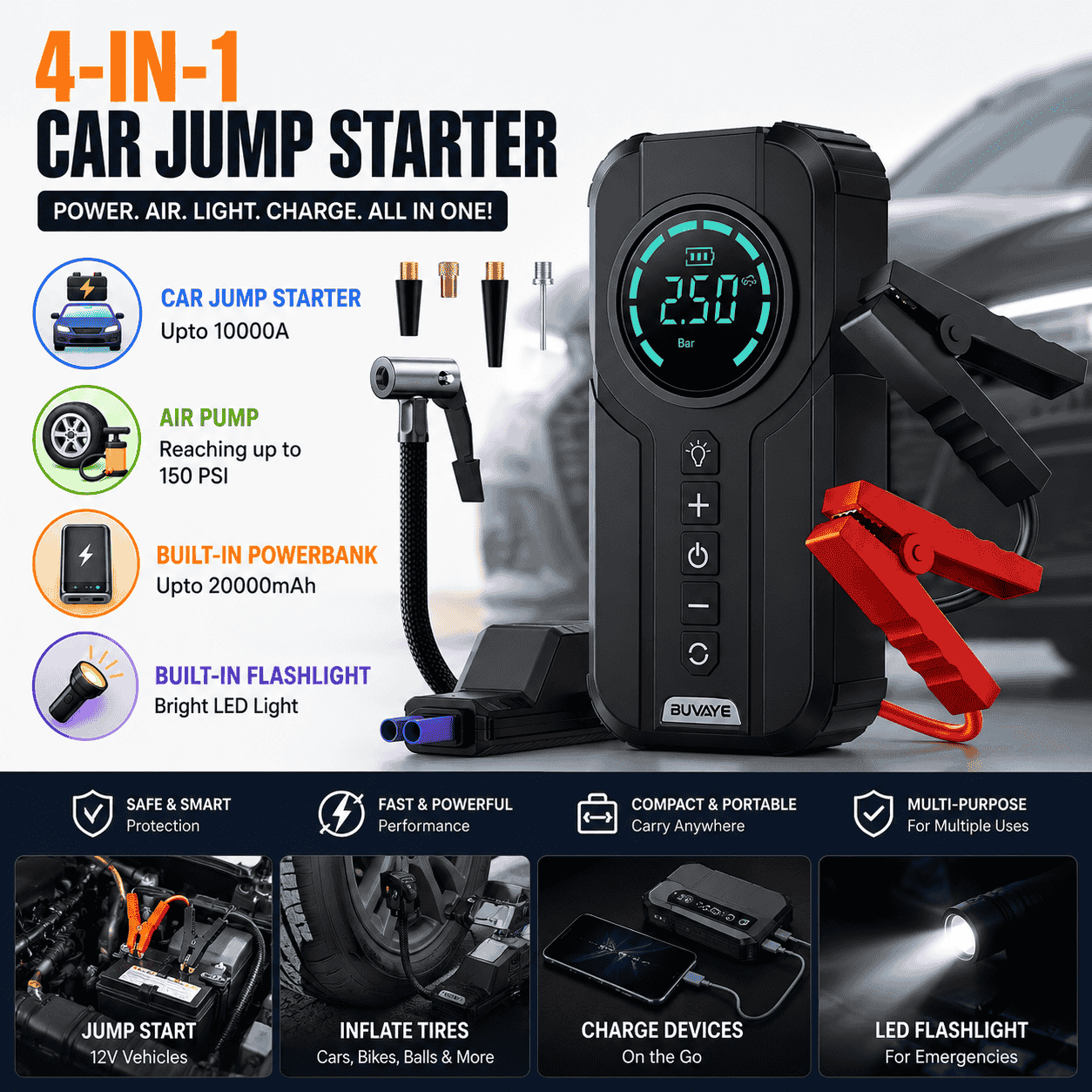 Jump Starter with Air Compressor 4-in-1 Kit