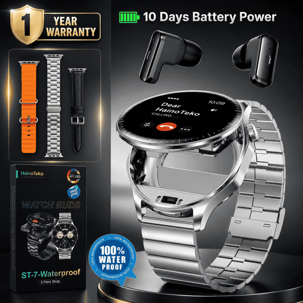 ST-7 Waterproof Smartwatch with Built-in Earbuds