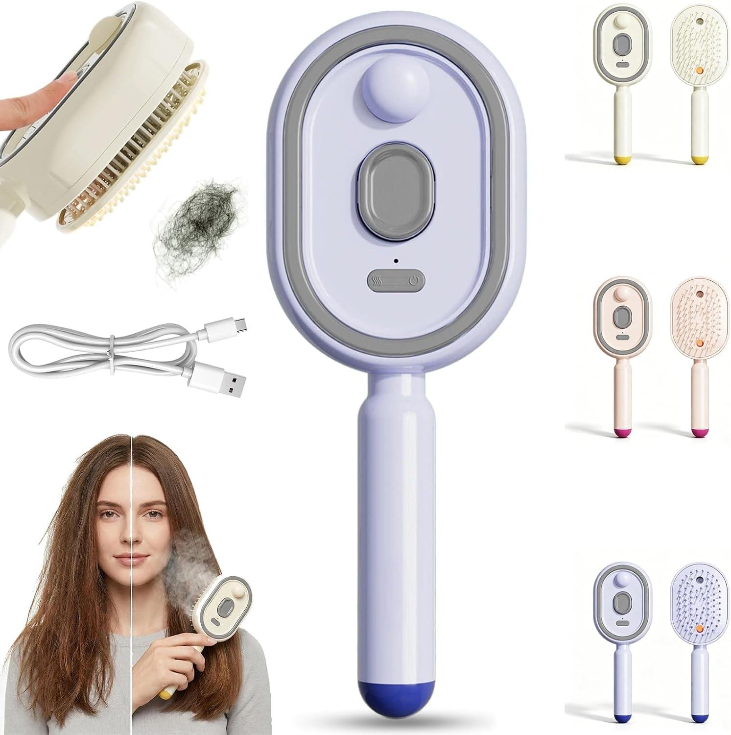 Electric steam hair brush with accessories and USB charging cable