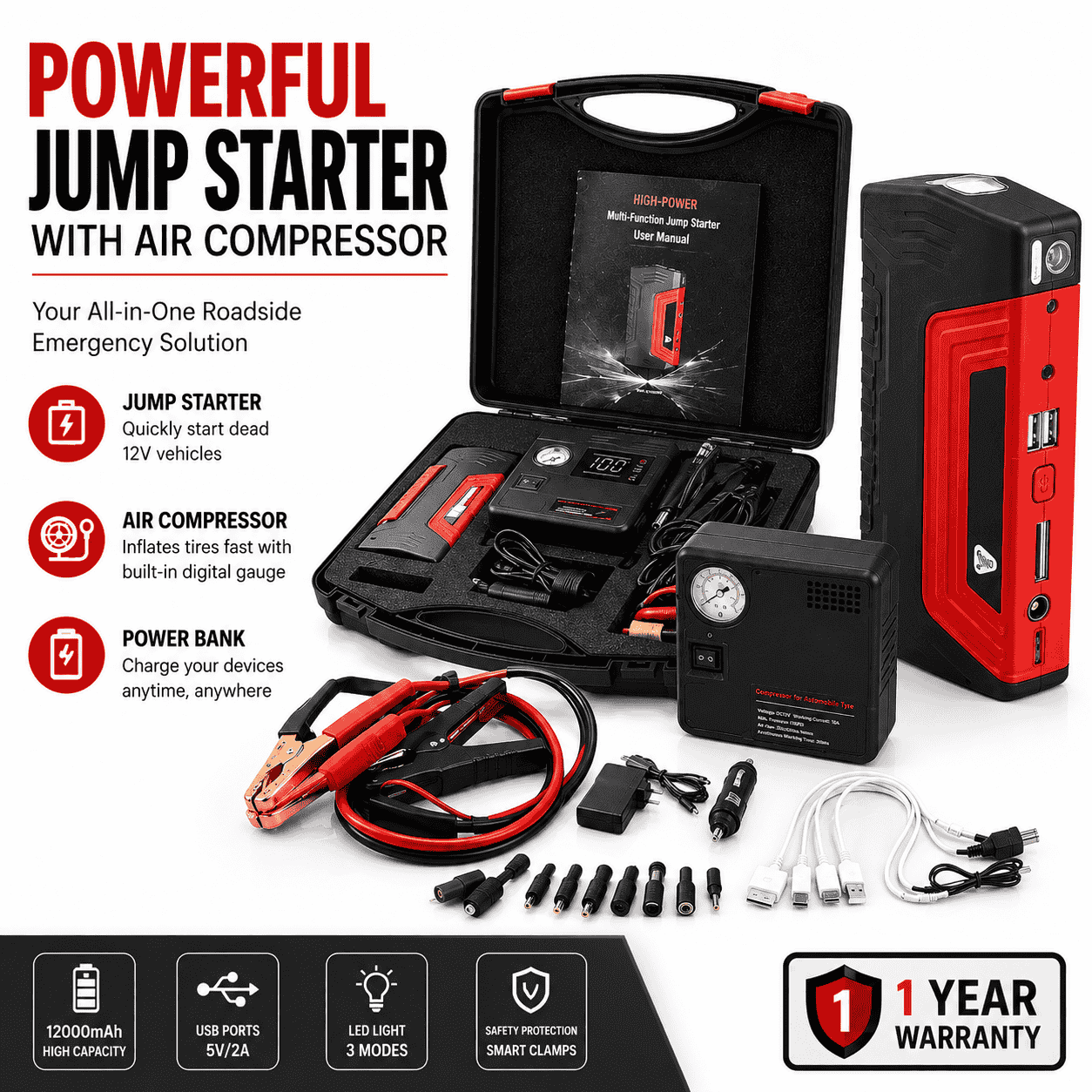 1000A car jump starter with 150 PSI air compressor