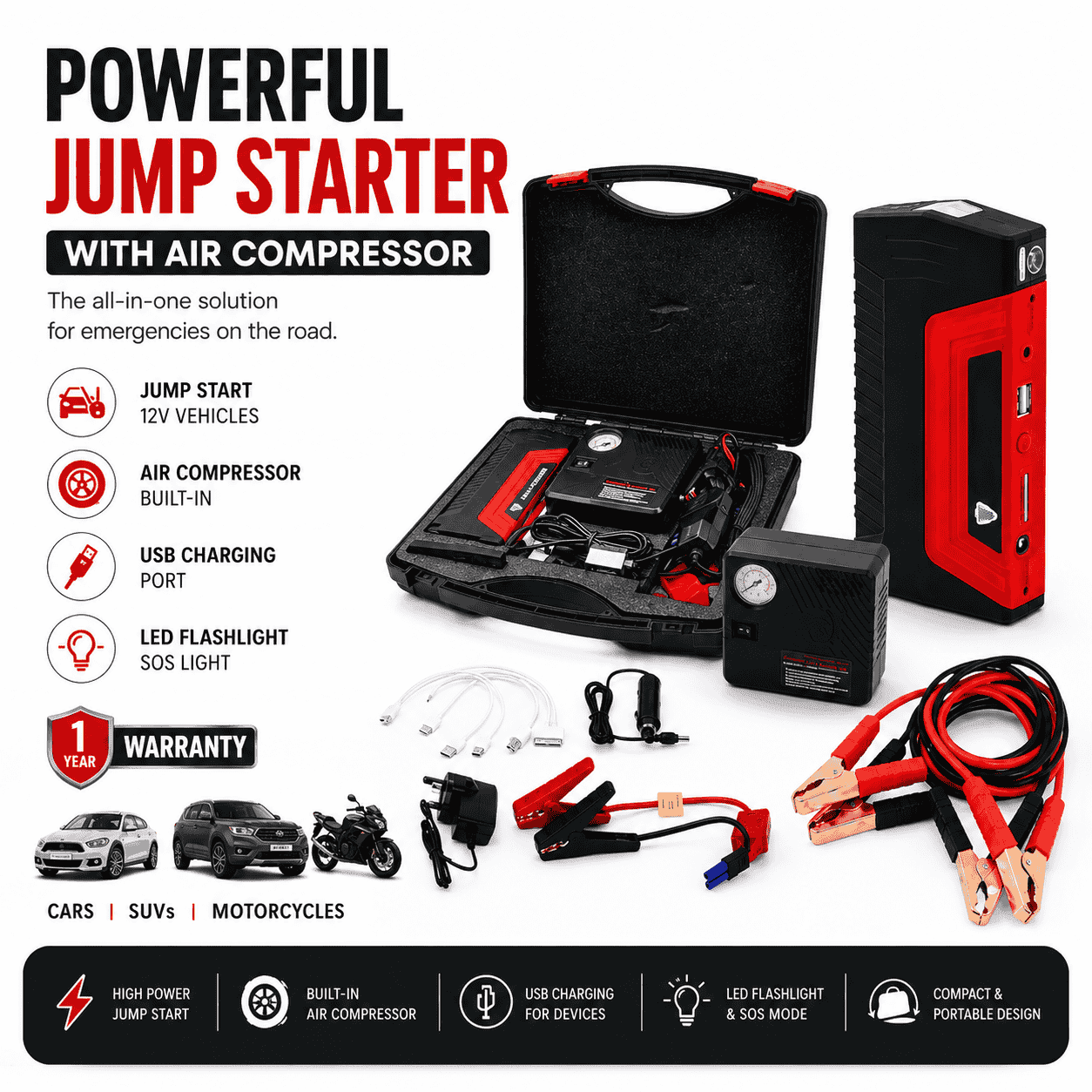 Jump starter with air compressor accessories