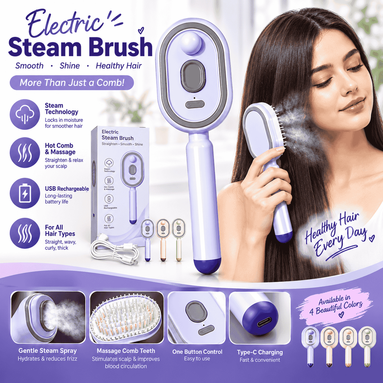 Electric steam hair brush with detangling and scalp massage features