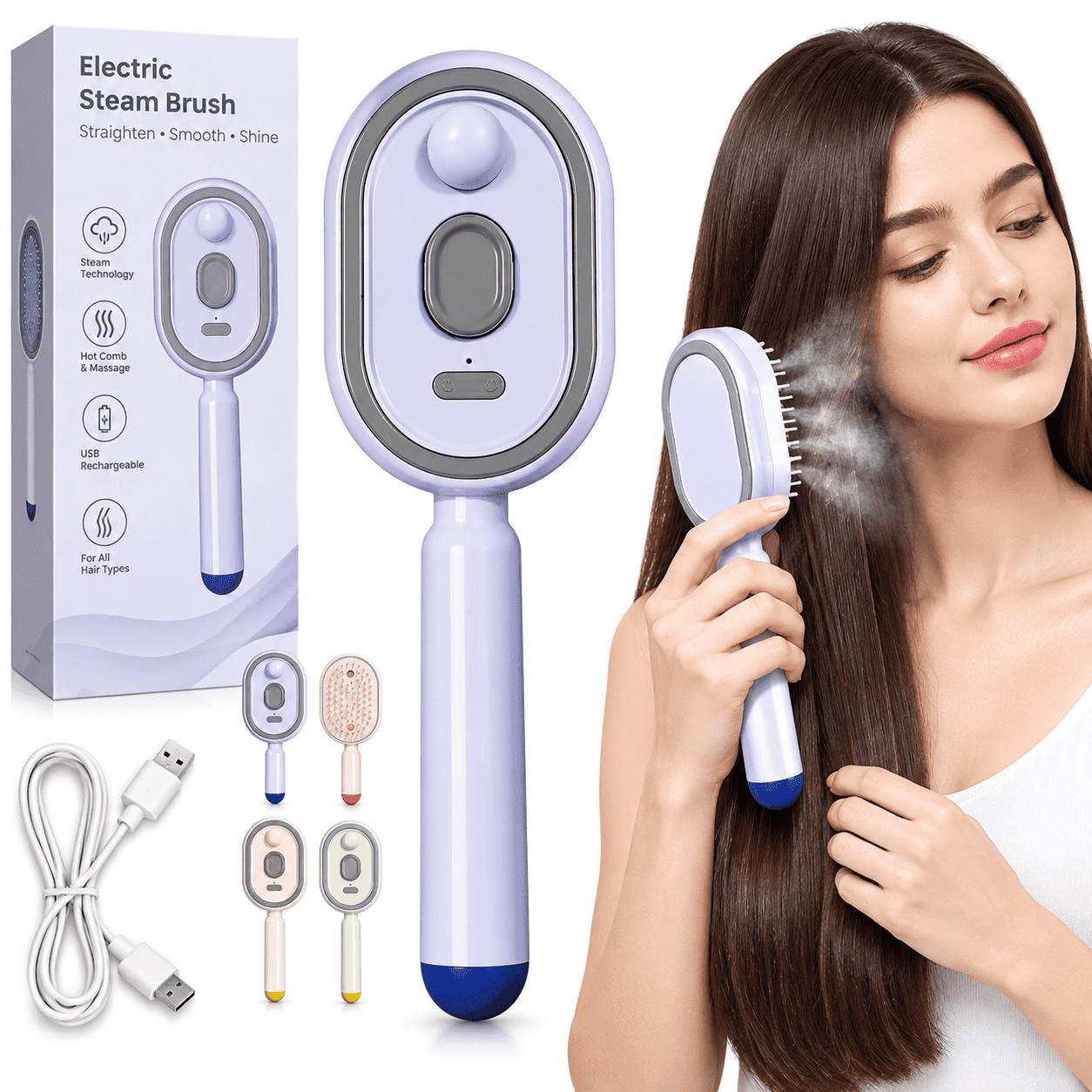 Electric steam hair brush straightener with steam spray and detangling